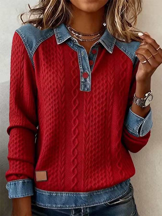 Europäischer und amerikanischer gestrickter Langarm-Lapel-Pullover für Damen