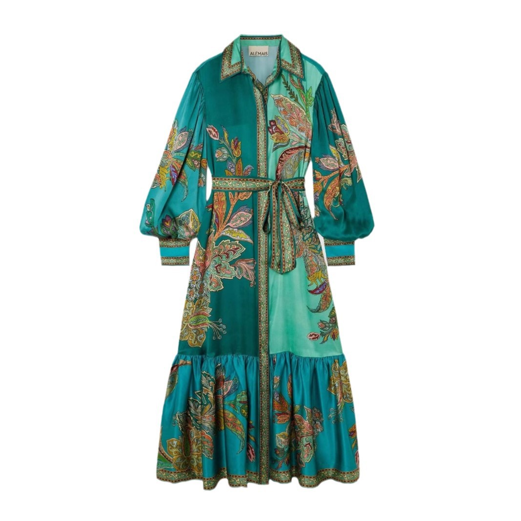 Vacation Lapel Collar Single-Breasted Puff-Sleeve Long-Sleeve Retro Printed Dress