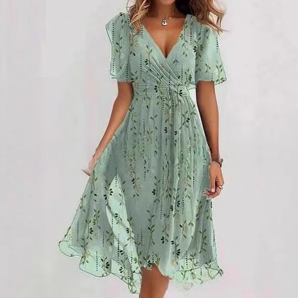 Robe d'été évasée à fleurs imprimées et col en V, à manches courtes pour femme