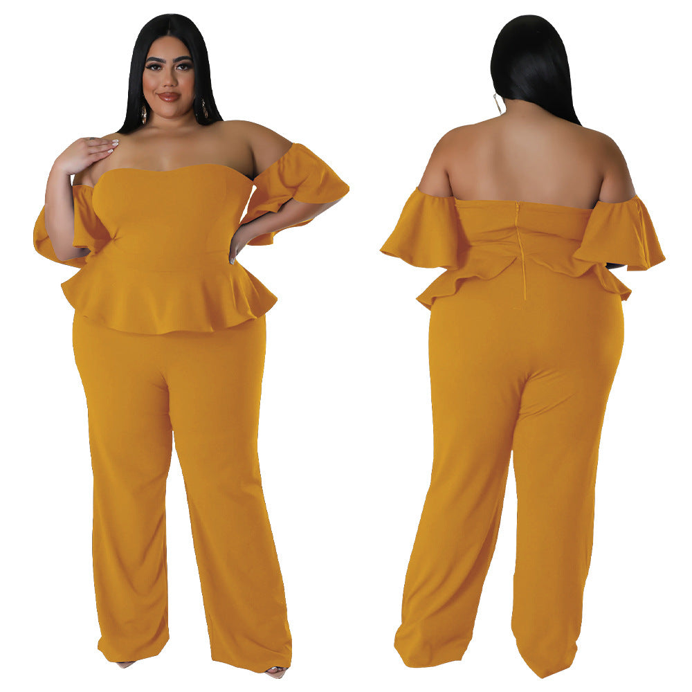 Combinaison stretch sexy à épaules dénudées, manches courtes et jambes larges