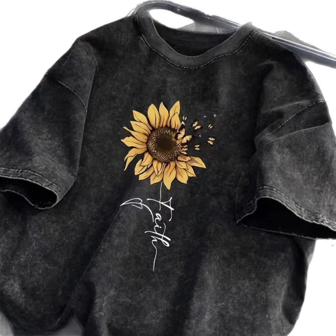 Sunflower Butterfly Cotton Washed T-Shirt For Women