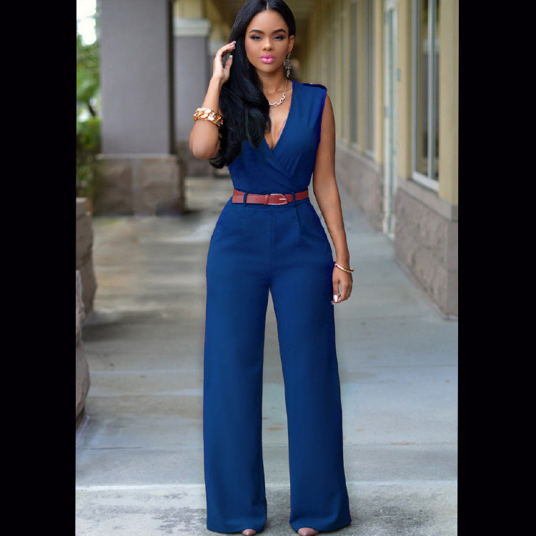 Ensemble tailleur irrégulier avec pantalon large taille haute, col en V et ceinture