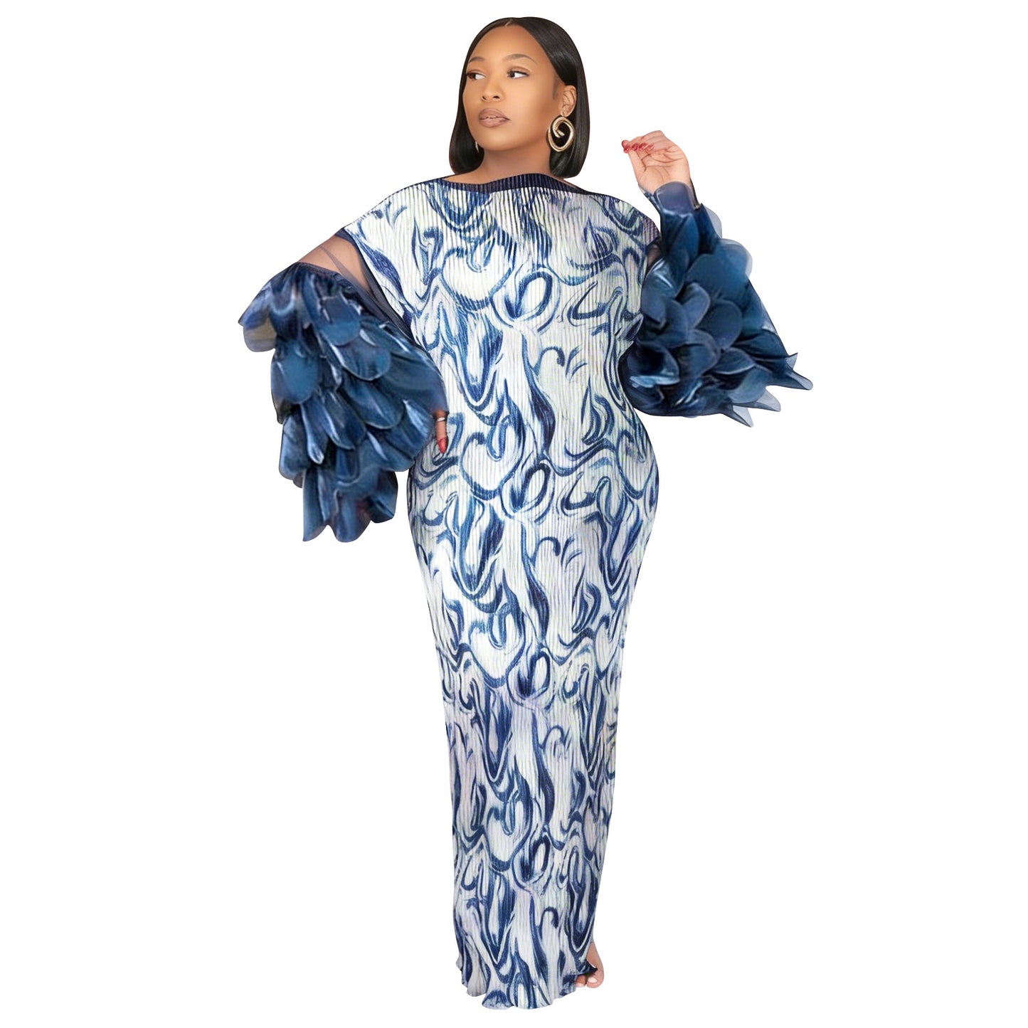 Feather-Panelled Miyake Pleats Fashionable Printed Dress