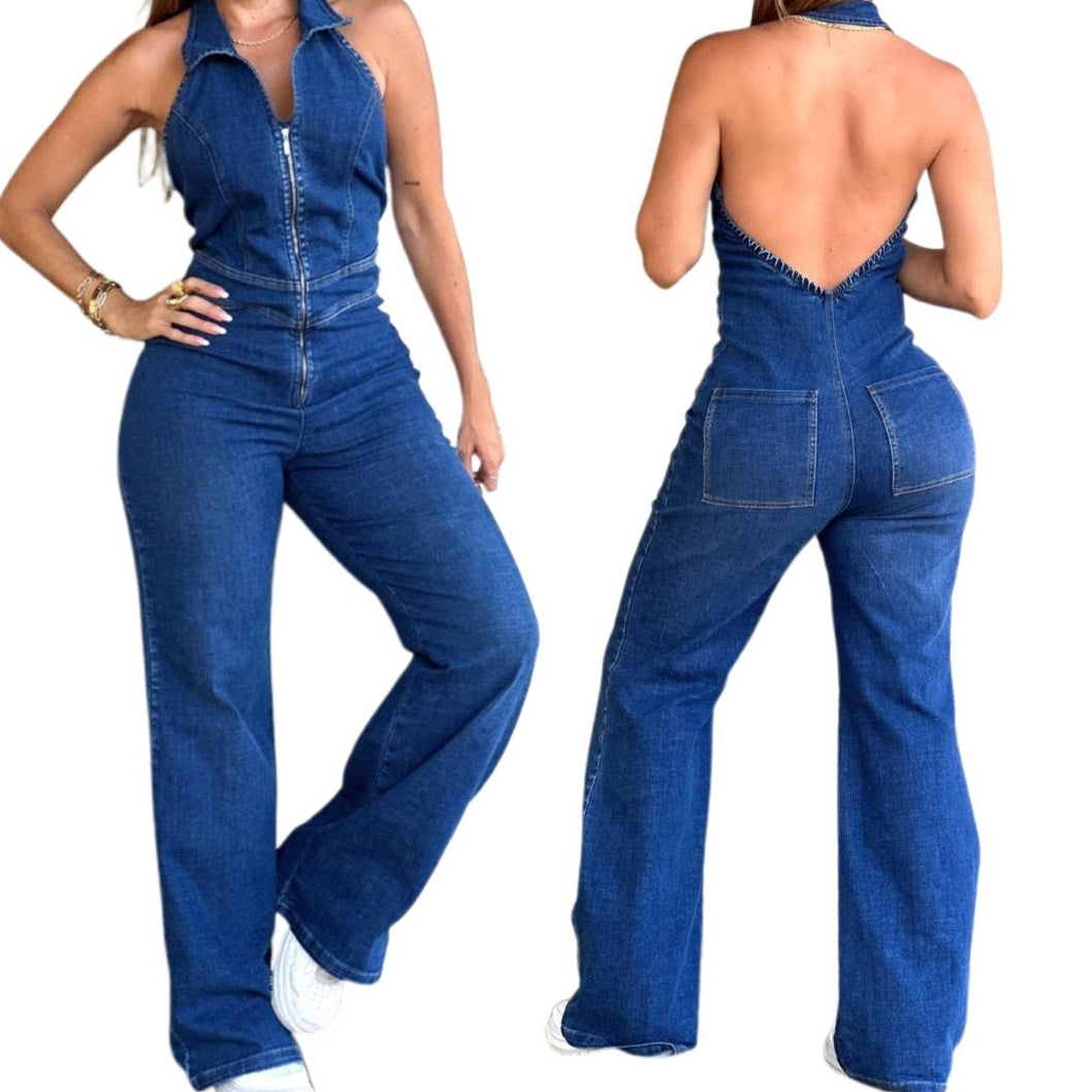Sleeveless Fashionable Retro Backless Denim Jumpsuit For Women