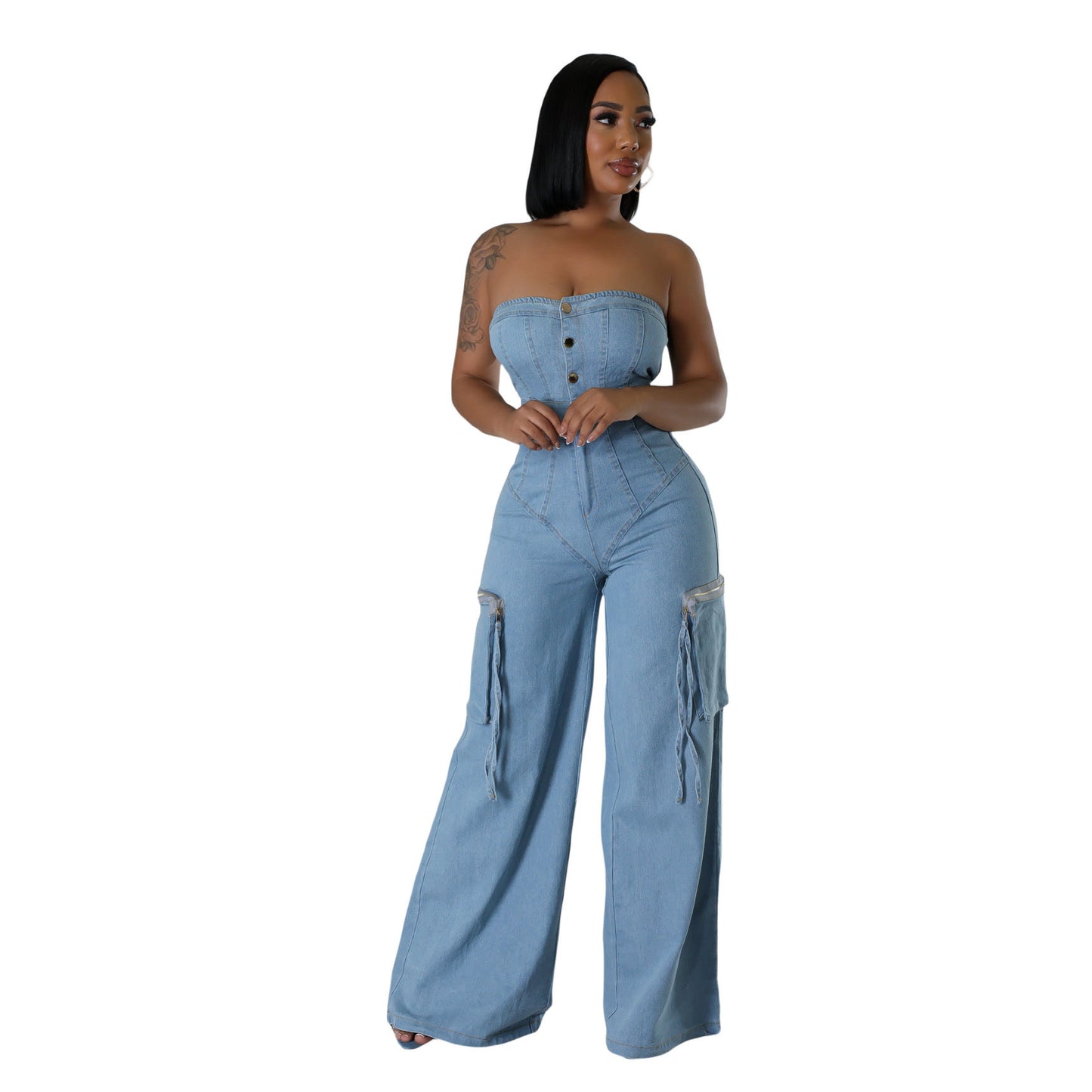 Casual And Fashionable Off-shoulder Jumpsuit For Women Slim-fit Denim Overalls