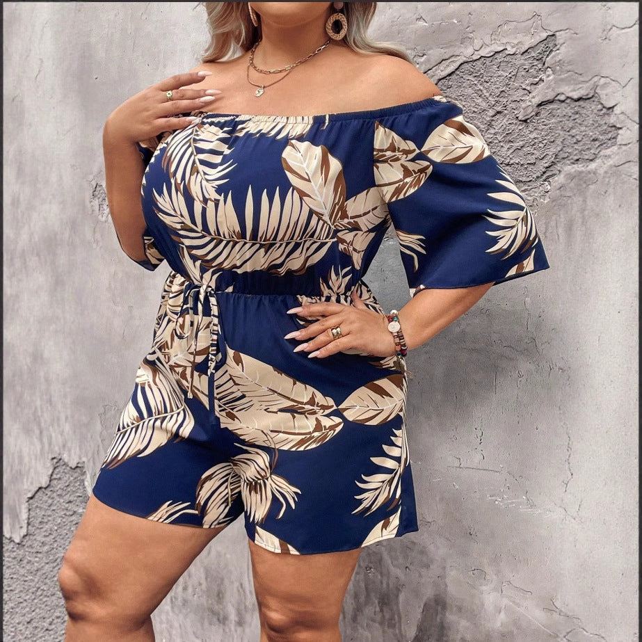 Europäischer und amerikanischer schulterfreier Jumpsuit mit Pflanzenmuster und Taillengürtel mit Shorts