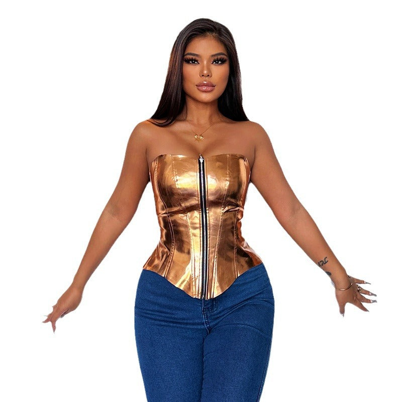 Sexy Fashion-forward Metallic Patent Leather Tube Top