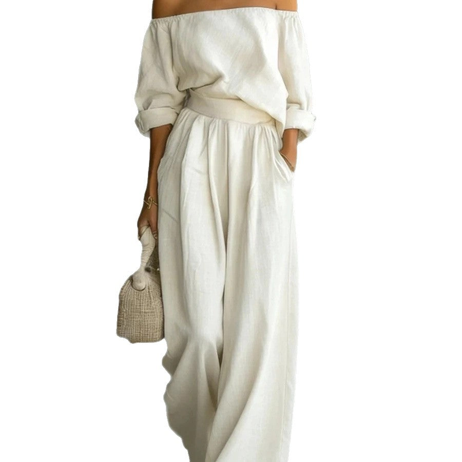 Freizeit Zweiteiler Damen-Outfit Off-Shoulder Top und Weite Hose Set