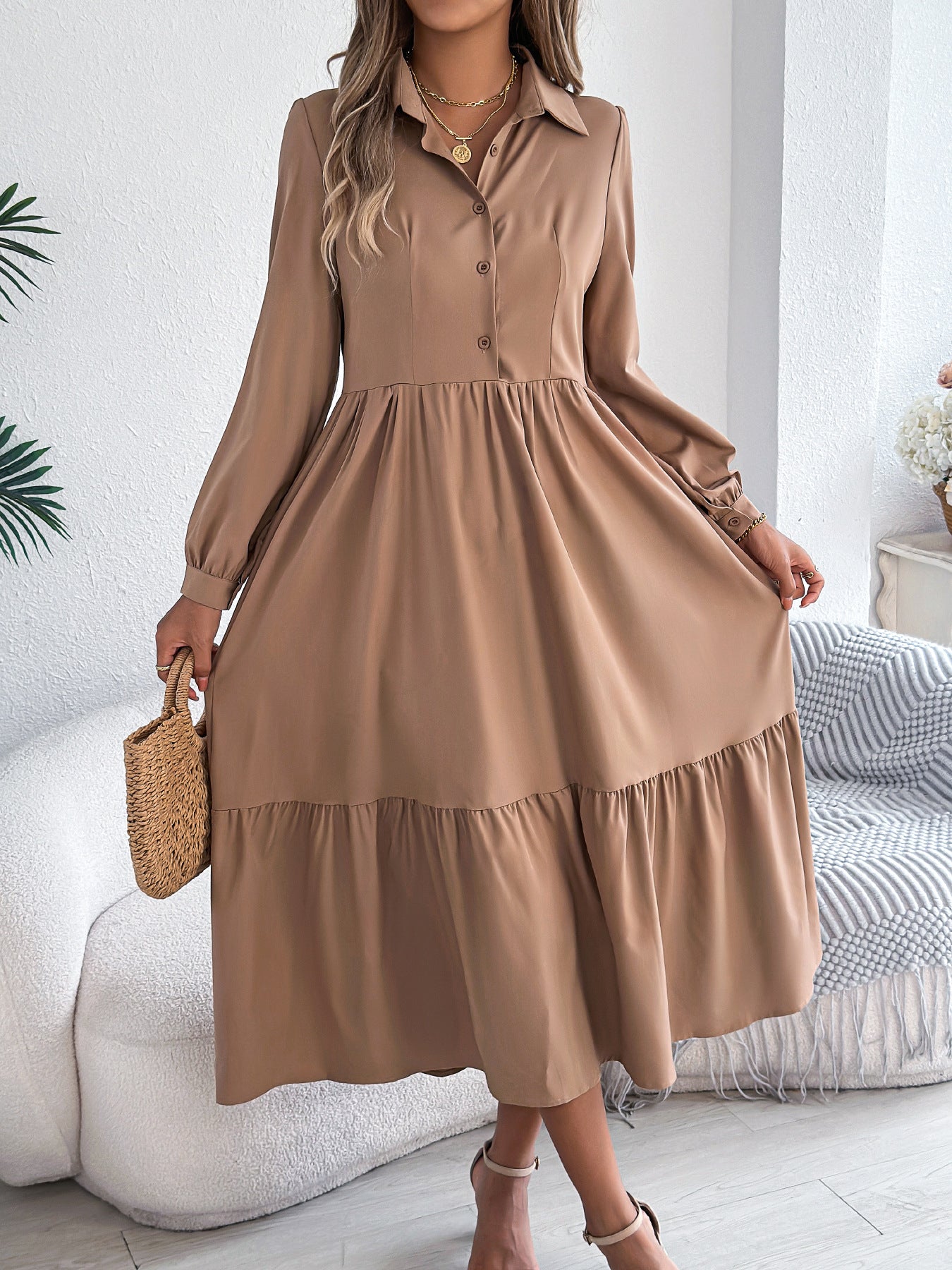 Damen Revers Casual Loose Langarm Rüschen Hemdblusenkleid Langarm Umlegekragen Einreiher Kleid Frühling Herbst Mode Damenbekleidung für den Urlaub