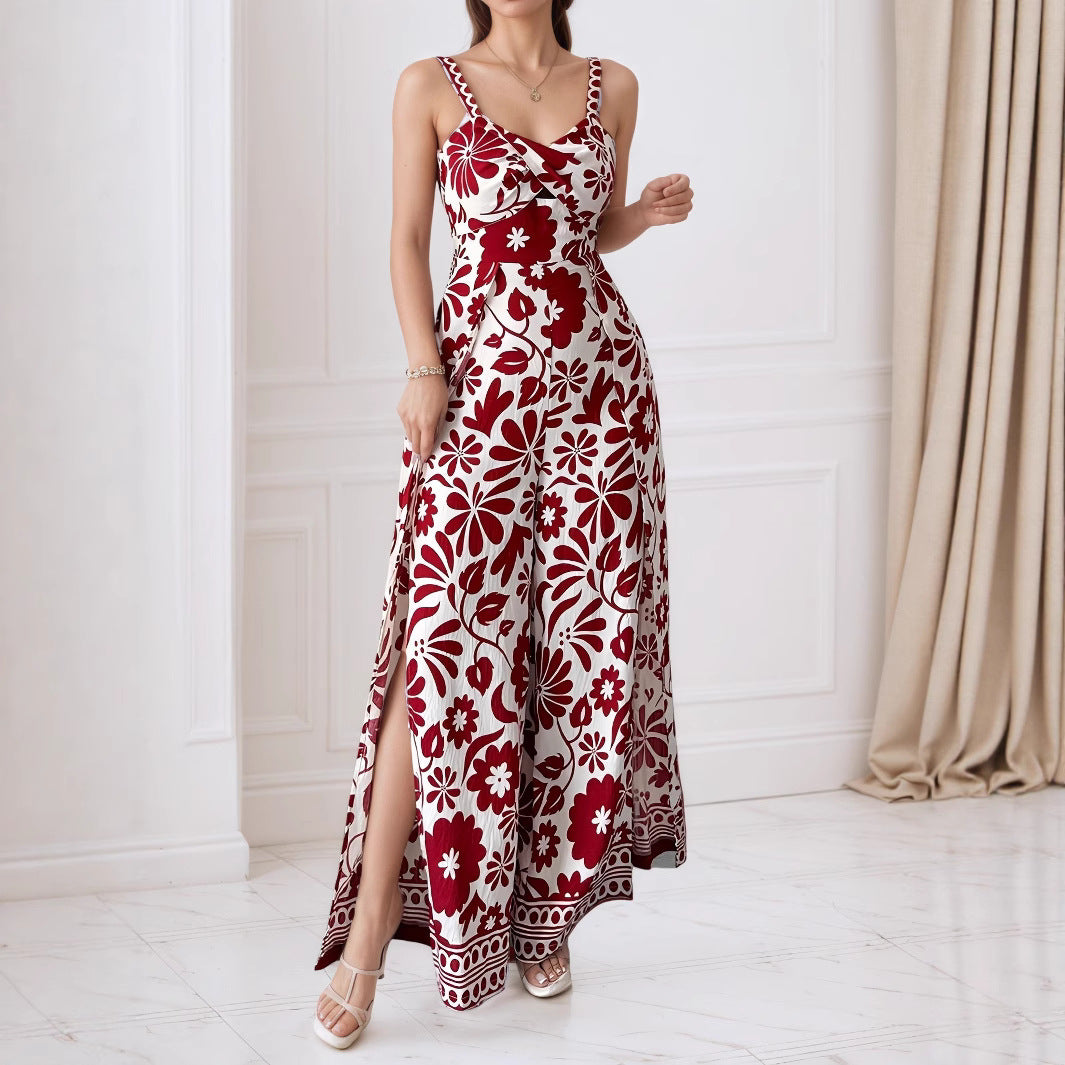 Combinaison-pantalon élégante pour femme avec bretelles et imprimé floral, style portefeuille