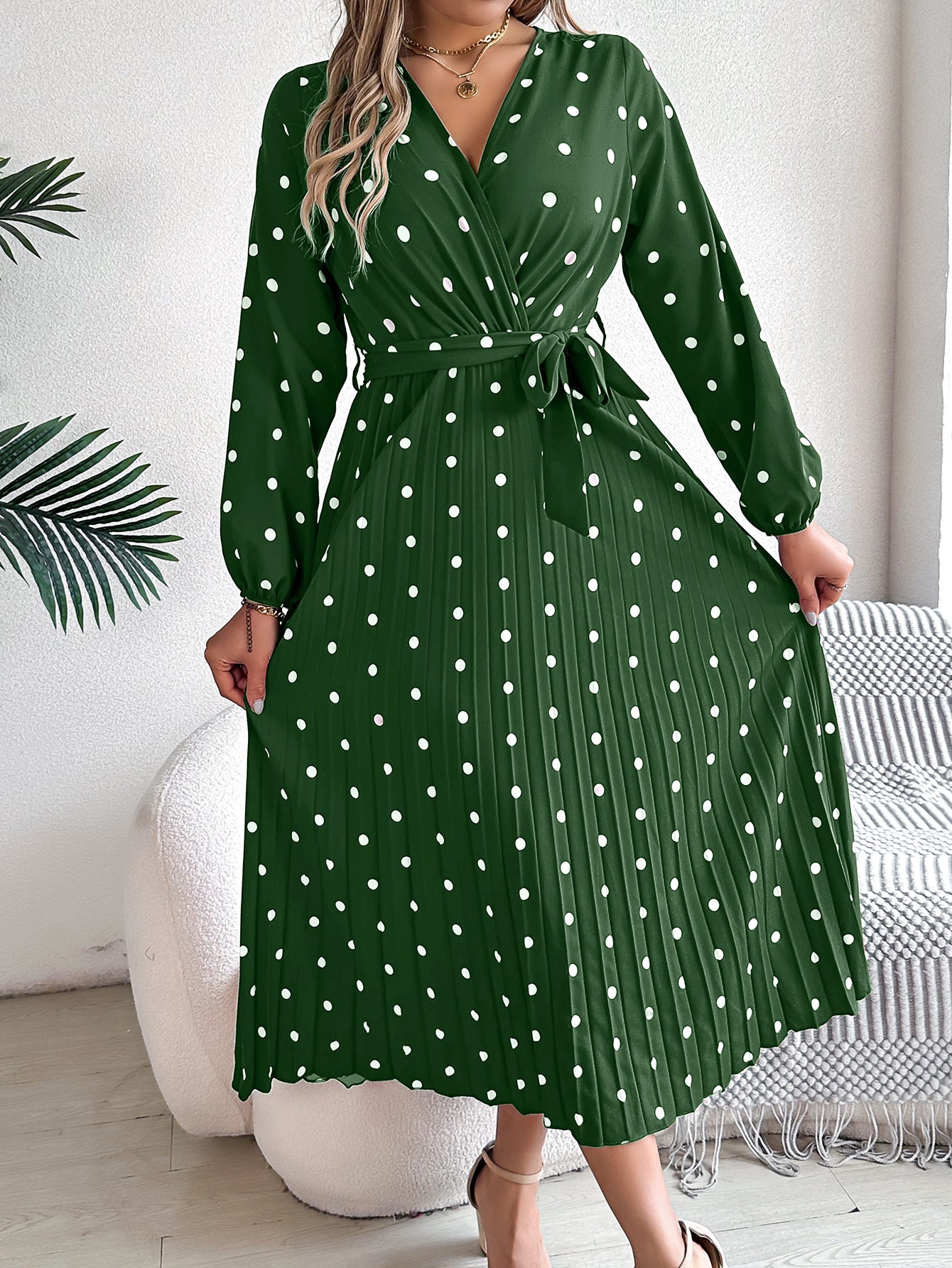 Robe longue élégante printemps-été, col en V croisé, pois contrastants, manches longues, plissée, robes de demoiselle d'honneur