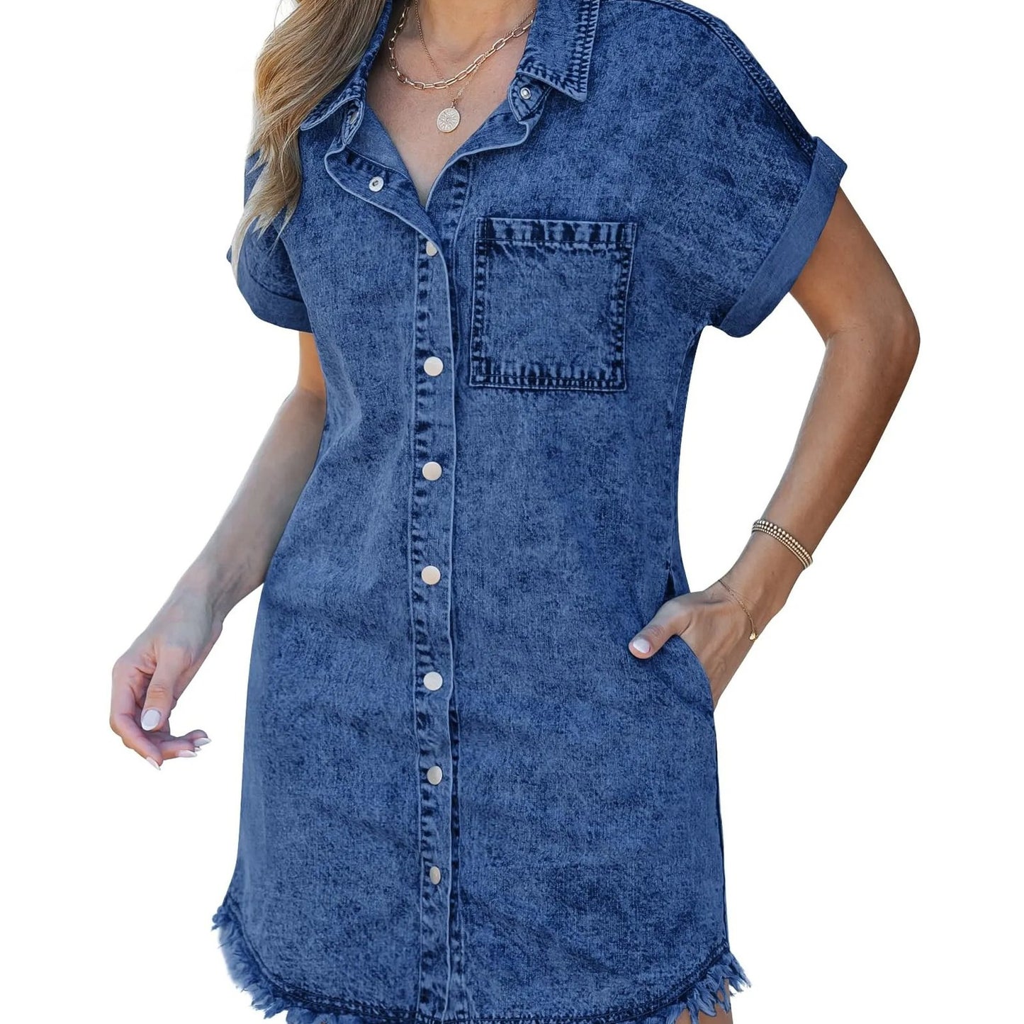 Women's Short-Sleeve Denim Shirt Dress, Casual Mini