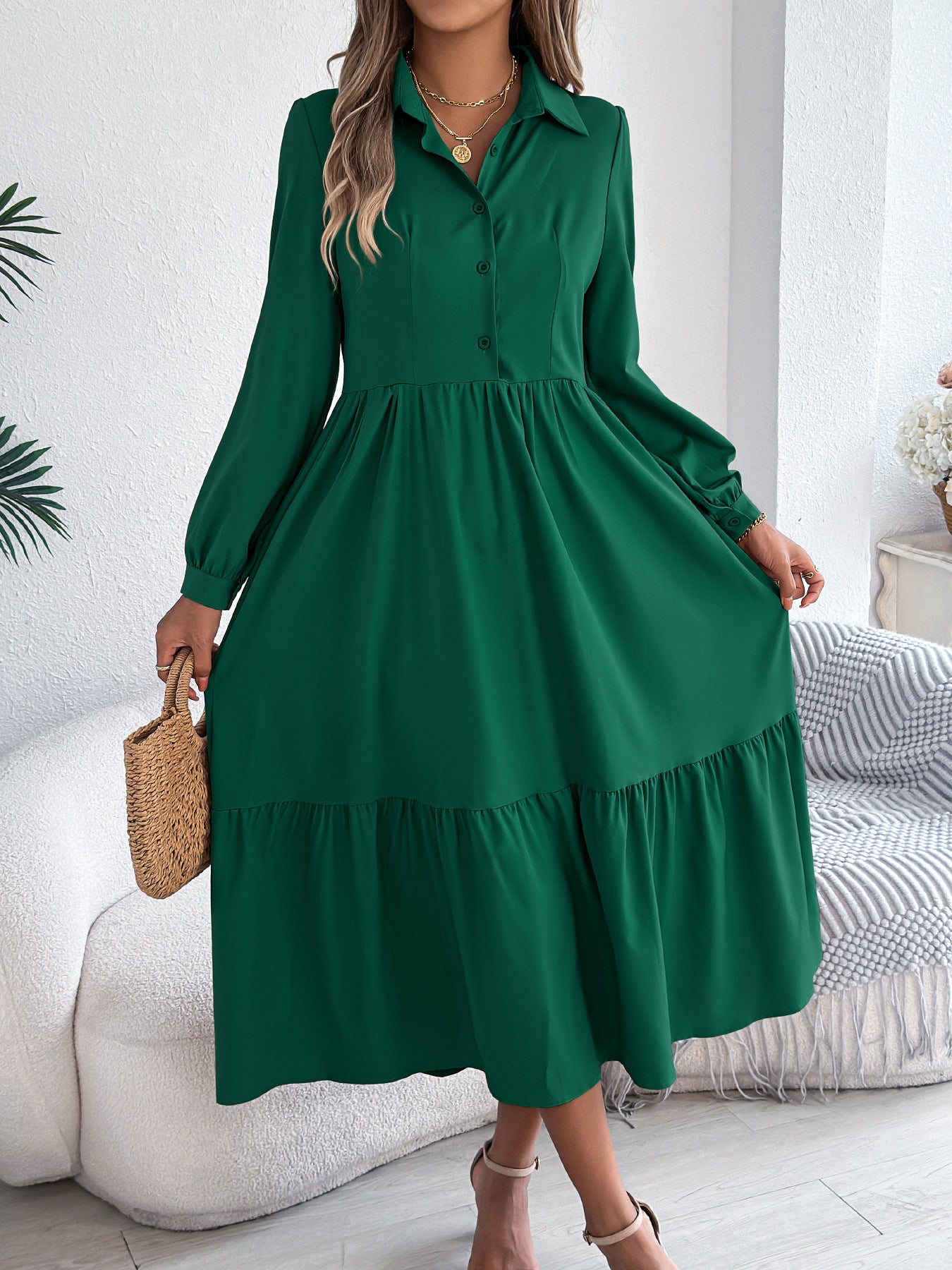 Damen Revers Casual Loose Langarm Rüschen Hemdblusenkleid Langarm Umlegekragen Einreiher Kleid Frühling Herbst Mode Damenbekleidung für den Urlaub