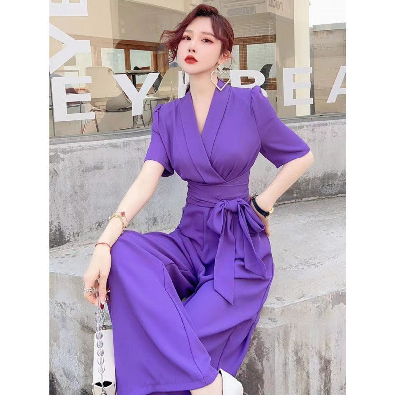 Combinaison élégante à taille haute, coupe amincissante, couleur unie et jambe large avec laçage