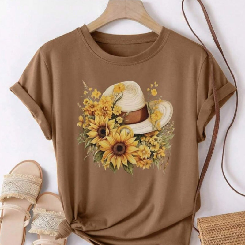 T-shirt ample à col rond en pur coton avec motif chapeau de paille tournesol pour femme