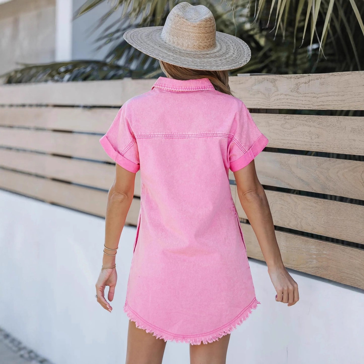 Women's Short-Sleeve Denim Shirt Dress, Casual Mini