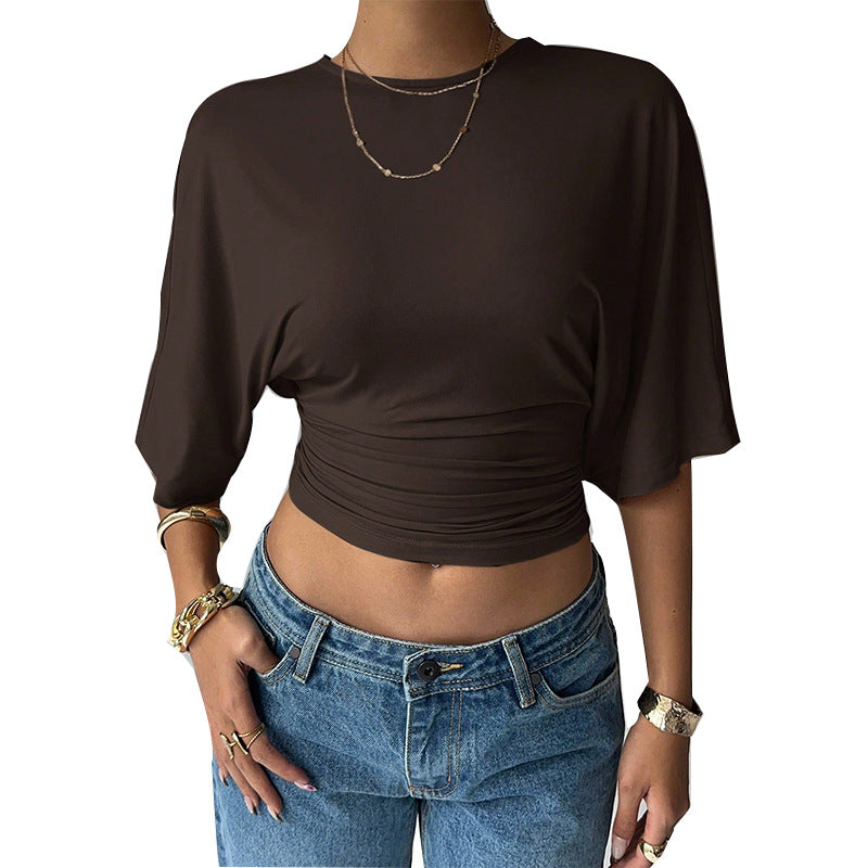 Einfarbiges bauchfreies Damen-T-Shirt mit halbem Arm, kurz geschnittenes Oberteil