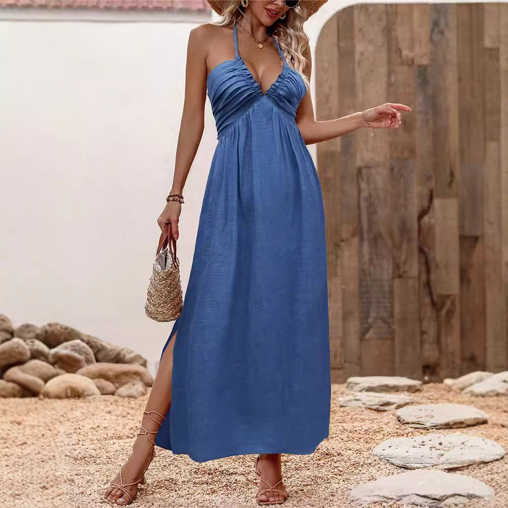 Robe fendue à col en V et à fines bretelles pour femmes