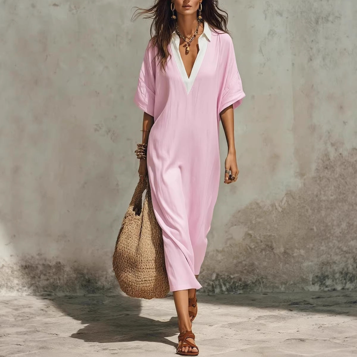 Cross-Border Casual Lazy-Style V-Neck Loose Cropped-Sleeve Dress Linen Texture Relaxed Vacation-Ready