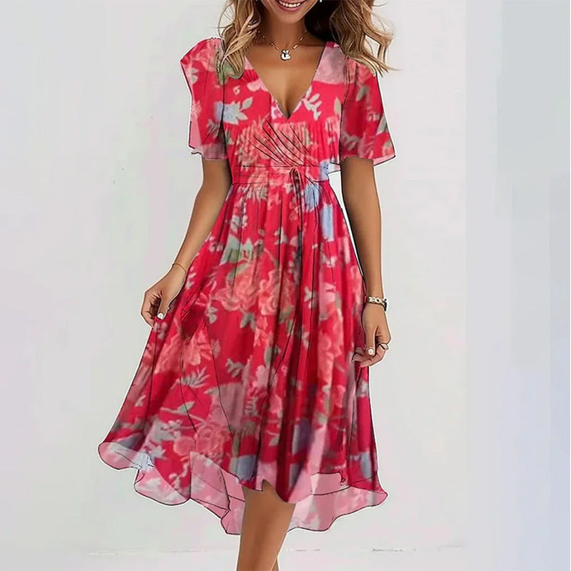 Robe d'été évasée à fleurs imprimées et col en V, à manches courtes pour femme