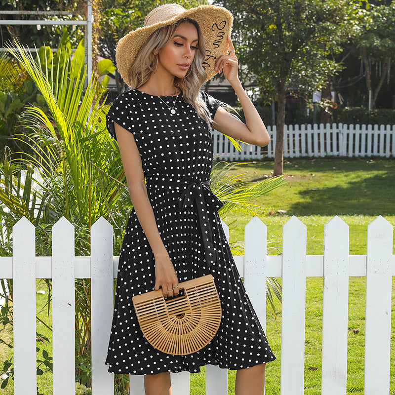 Sommer Damen Polka Dot Kurzarmkleid Freizeit Bandage Party Faltenrock Midi Kleider Elegant Grün Office Lady Kleidung