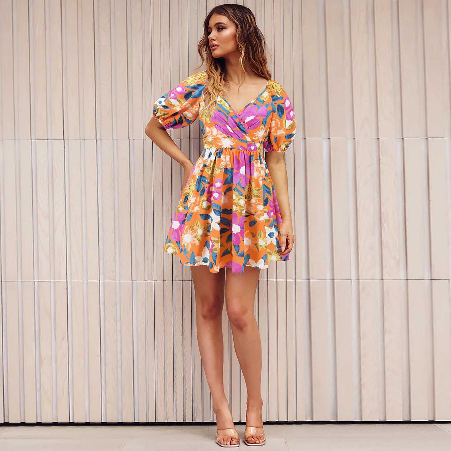 Blumenmuster V-Ausschnitt Laternenärmel Kleid Y2K Sommer Urlaub Strand kurze Kleider Mode Damenbekleidung
