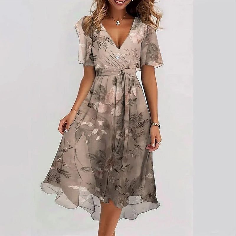Robe d'été évasée à fleurs imprimées et col en V, à manches courtes pour femme