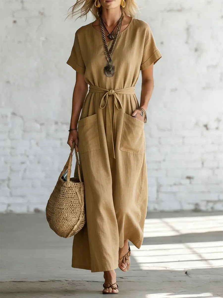 Short-Sleeve V-Neck Cotton-Linen Casual A-Line Dress
