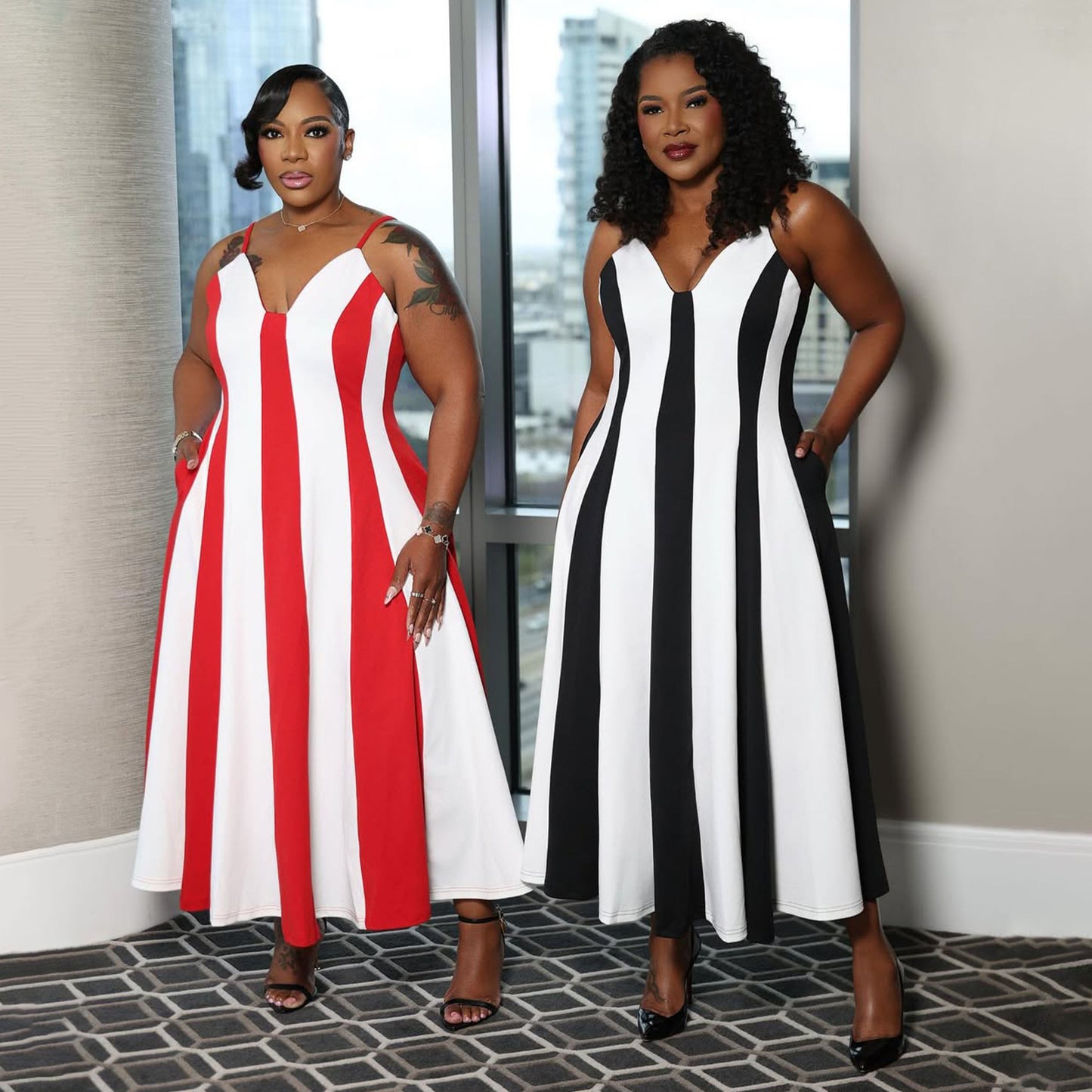 Robe bretelles col V dos nu rayée patchwork pour femme