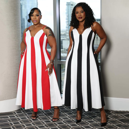 Strap V-neck Striped Backless Patchwork Dress For Women