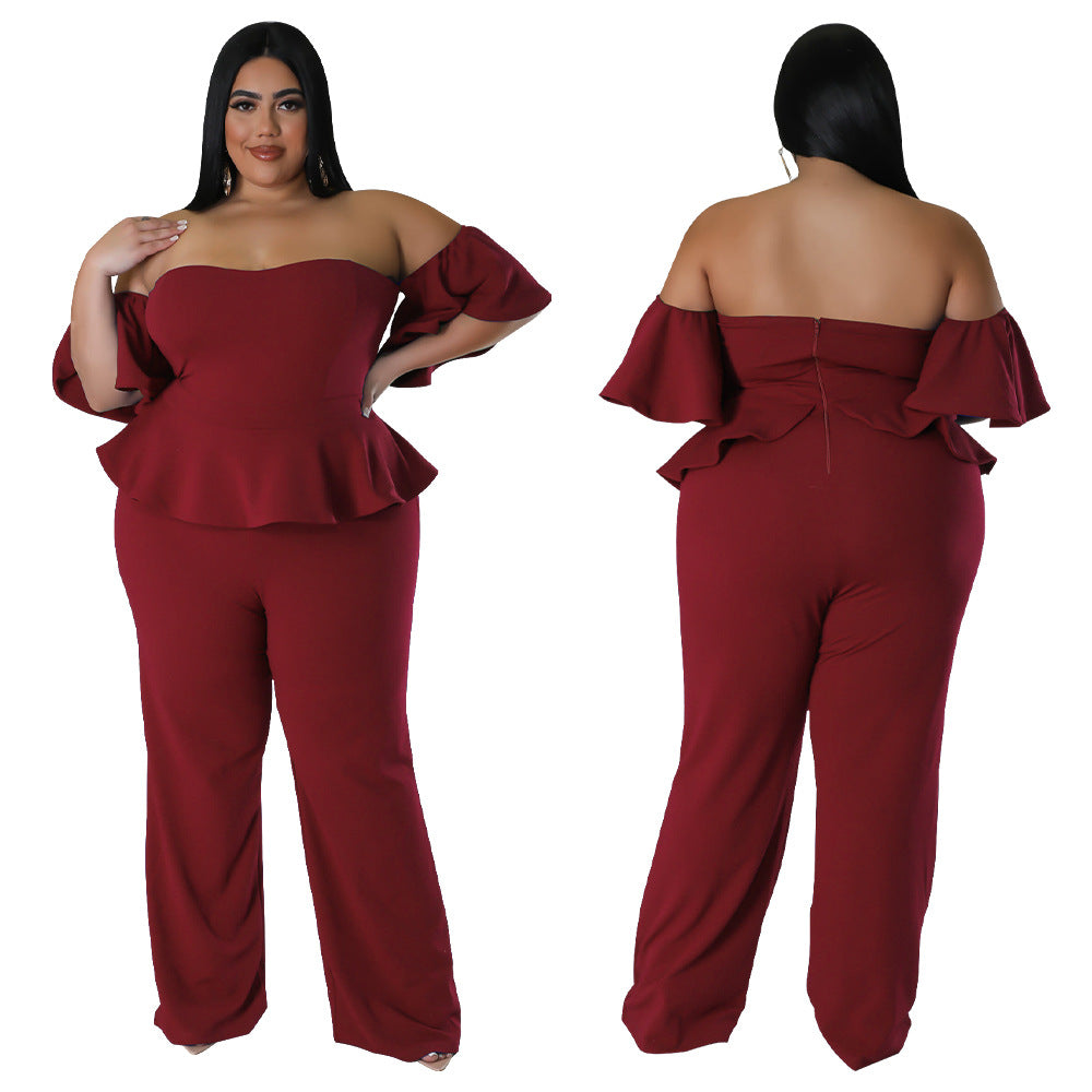 Combinaison stretch sexy à épaules dénudées, manches courtes et jambes larges