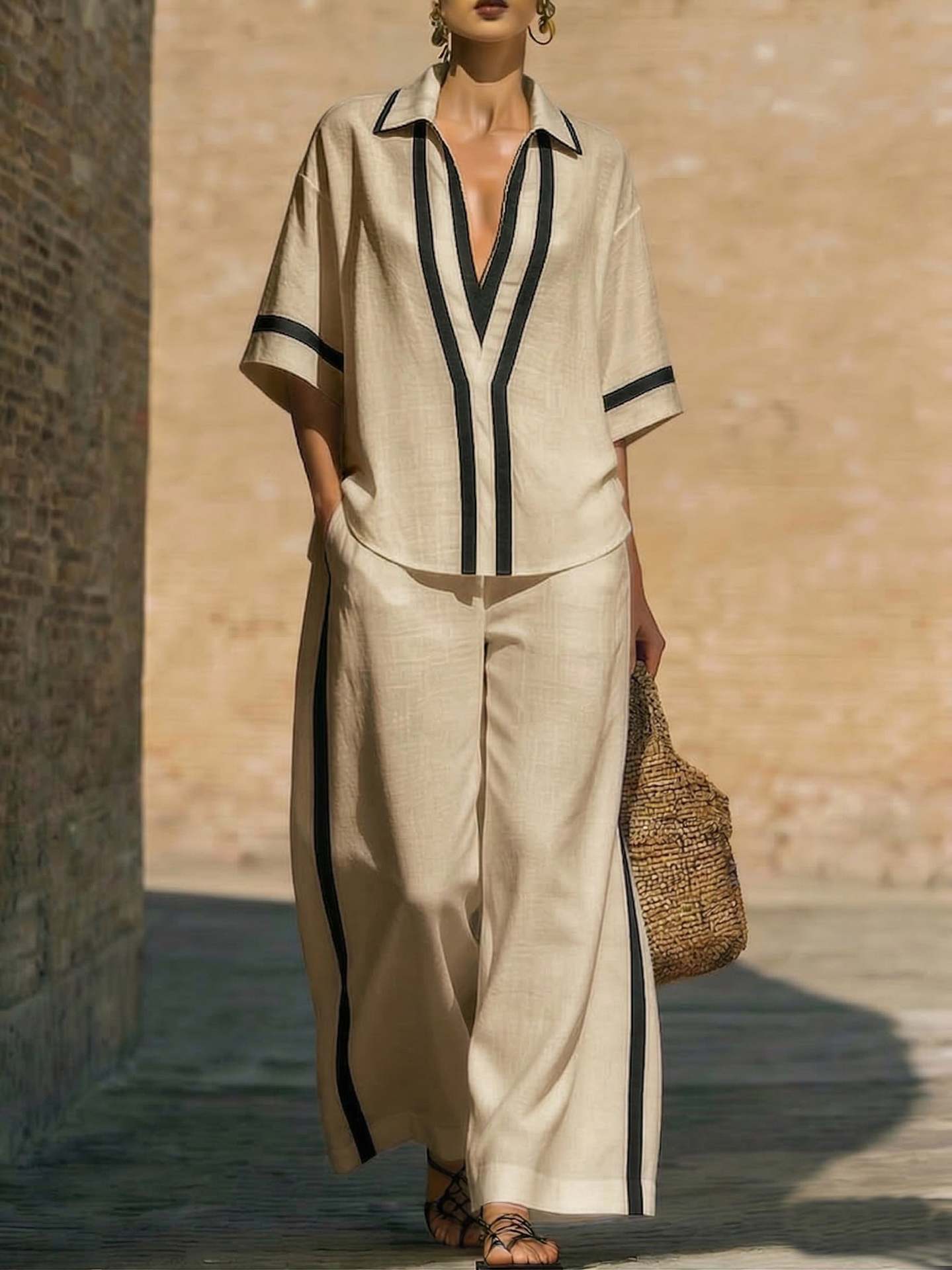 Color-Block Kurzarm-Top und weite Hose Zweiteiler Set - Lässiges Sommer Loose Fit Matching Outfit für Damen Alltag