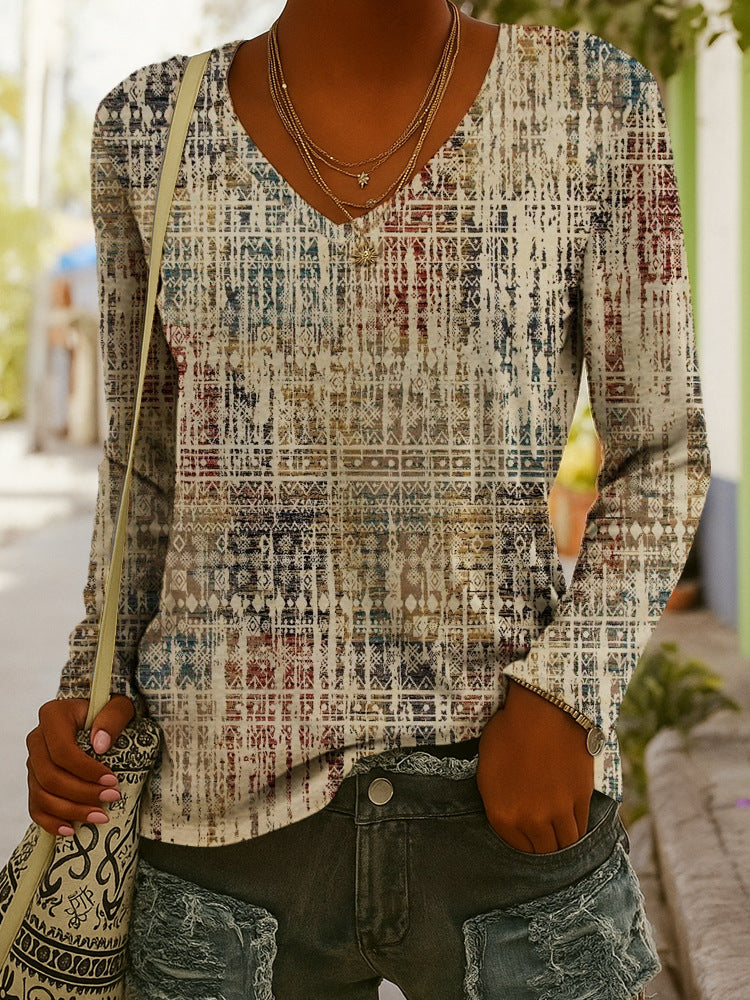 T-shirt à manches longues imprimé col en V style ethnique tendance