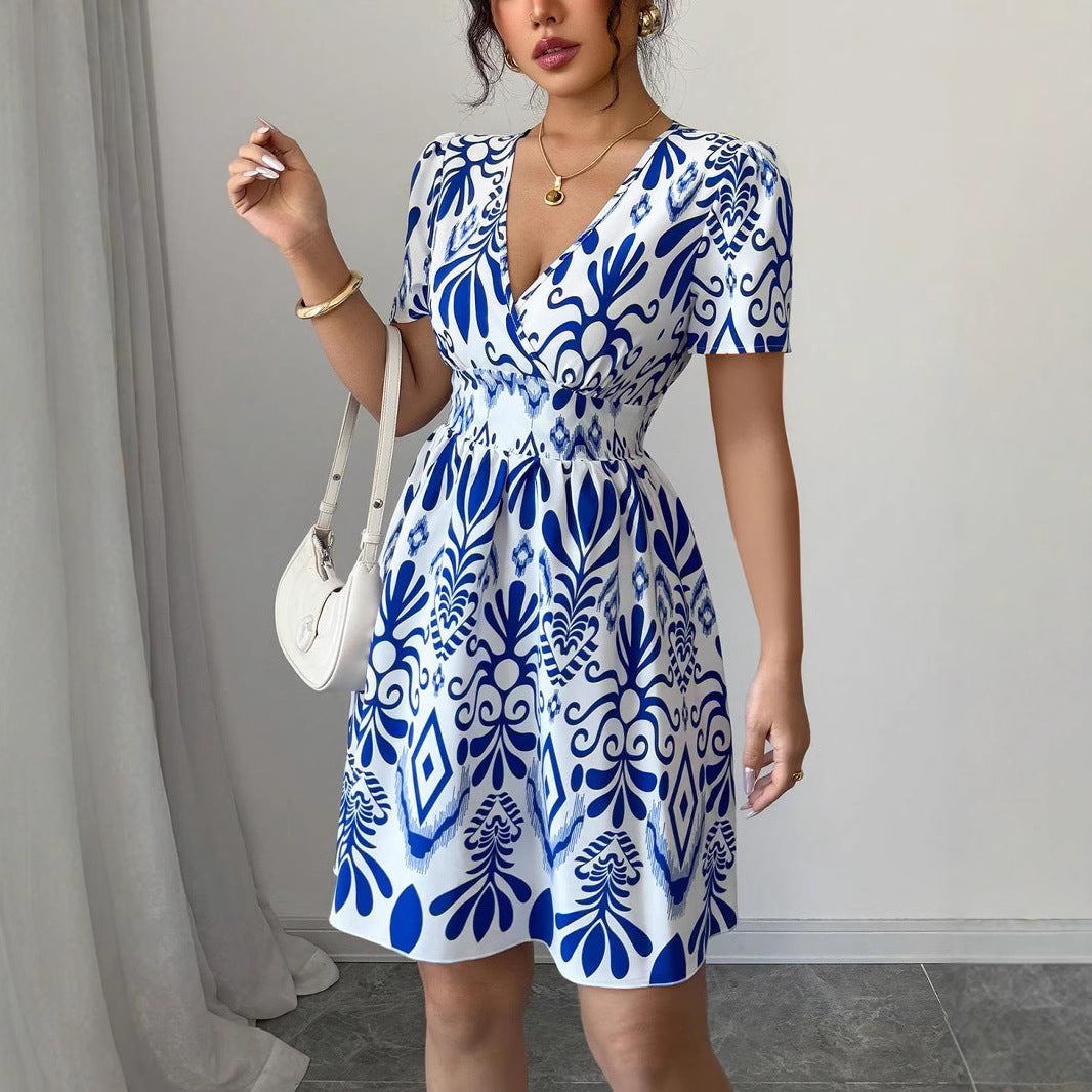 Fashion Printed Hot Girl Fitted Waist Bubble Dress Women