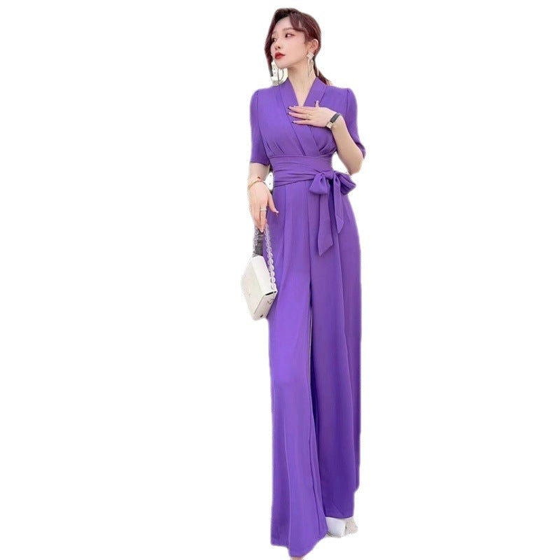 Combinaison élégante à taille haute, coupe amincissante, couleur unie et jambe large avec laçage