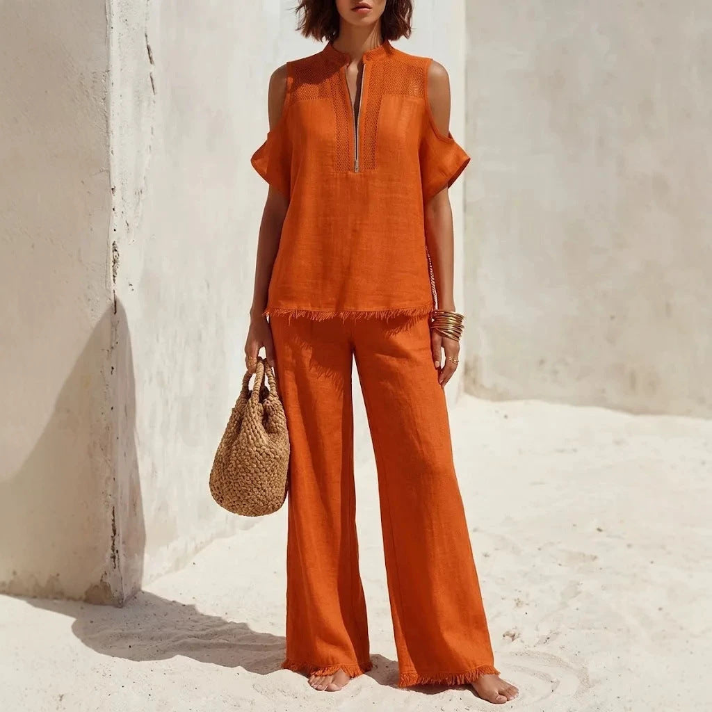 Damen-Fashion Kurzarm-Carmen-Hosenanzug