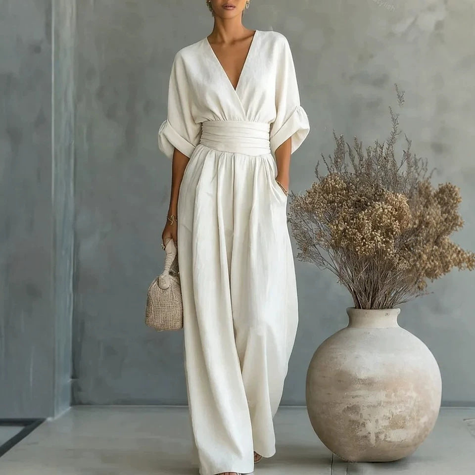 Sommer Kurzarm Jumpsuit Mode Lässig V-Ausschnitt Weite Hose Damenbekleidung