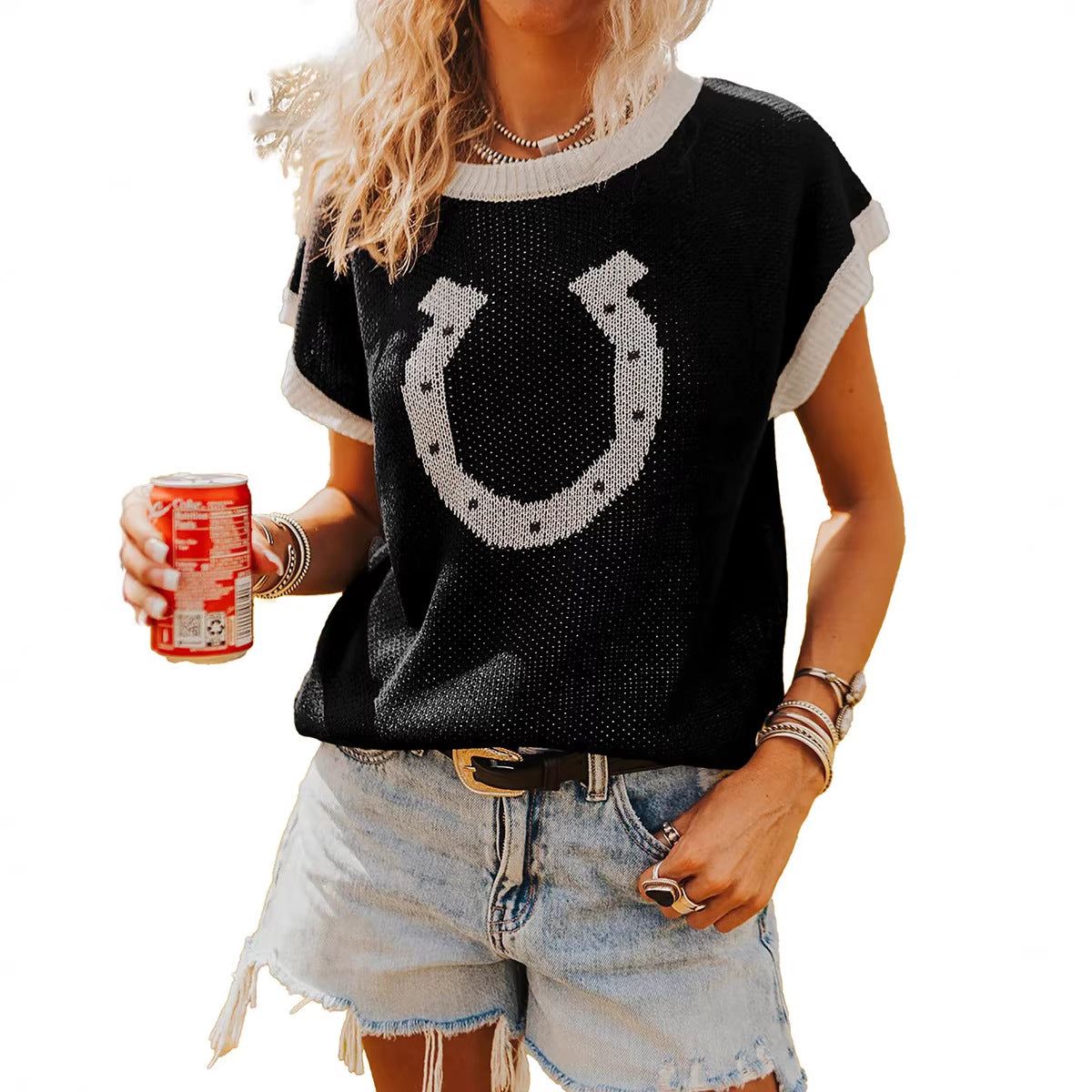 Pull-over tricoté ras-du-cou à manches courtes pour femme
