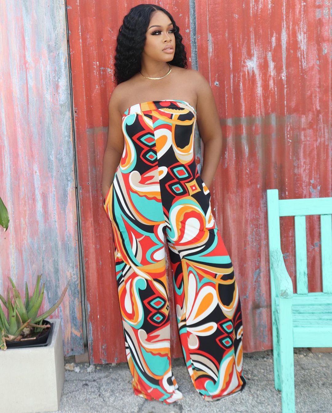 Damen Neckholder Jumpsuit mit Print, weiter Hose, Übergrößen