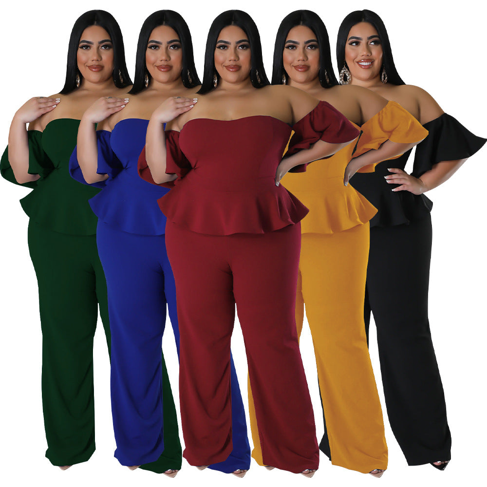 Combinaison stretch sexy à épaules dénudées, manches courtes et jambes larges