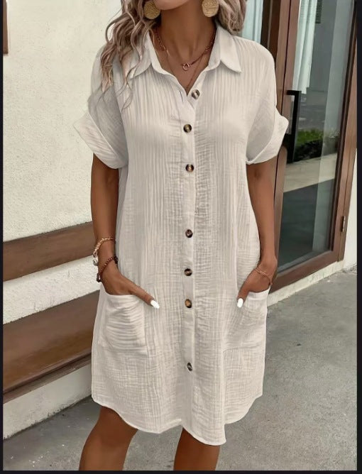 Casual Solid-Color Mid-Length Short-Sleeve Dress