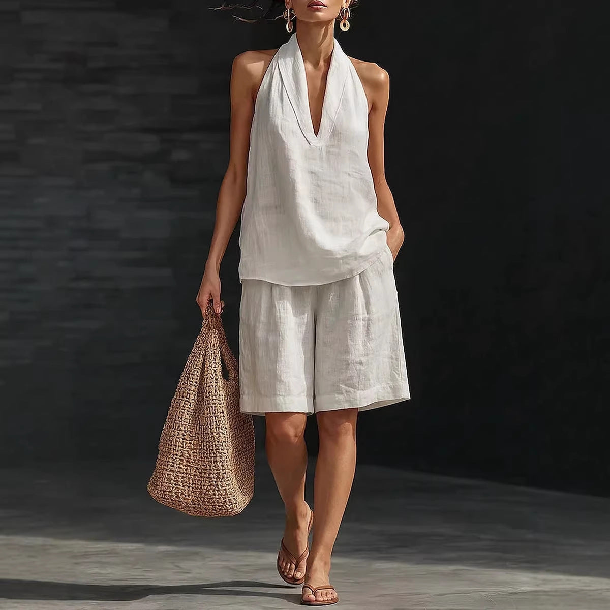 Cotton And Linen Casual Vest And Shorts Set For Women