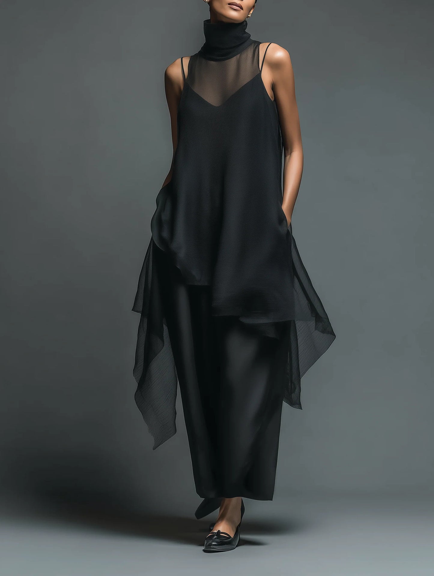 Hochgeschlossenes, asymmetrisches zweiteiliges Set aus schwarzem Slip-Chiffon