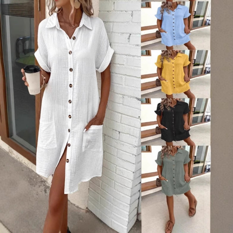 Casual Solid-Color Mid-Length Short-Sleeve Dress