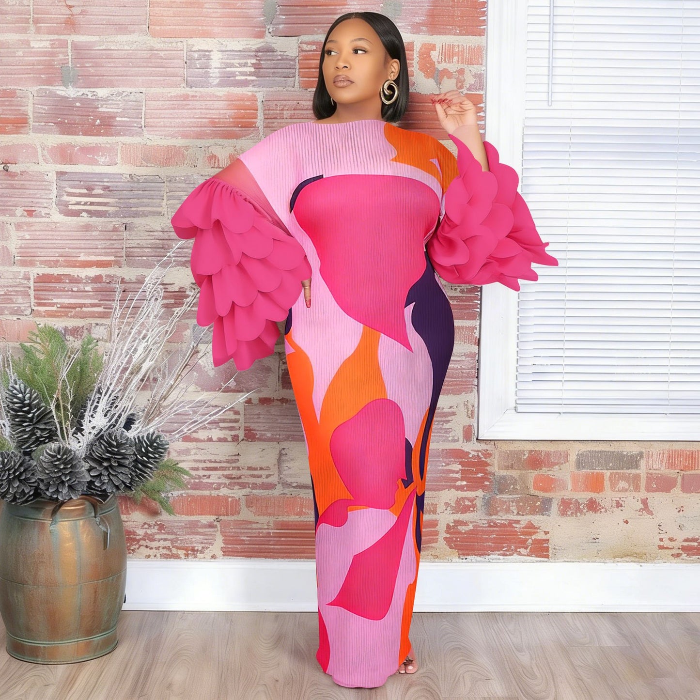 Feather-Panelled Miyake Pleats Fashionable Printed Dress