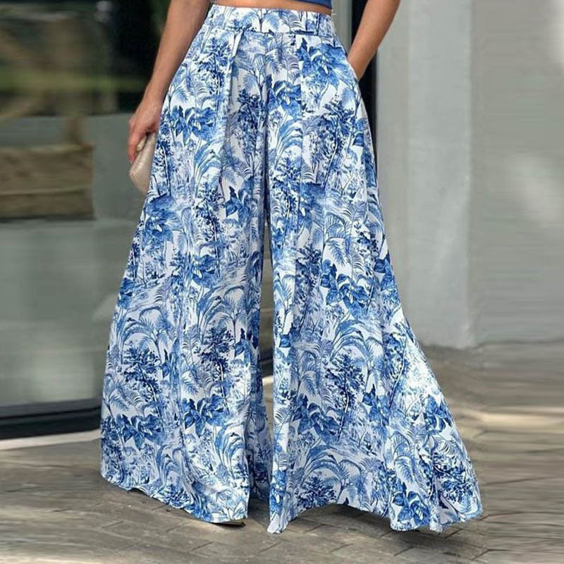 Puffärmel-Oberteil mit überkreuztem Saum und weite Hose mit Print im Set