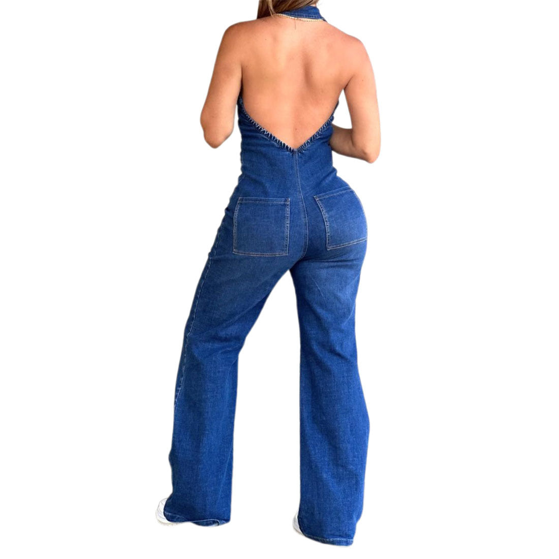 Sleeveless Fashionable Retro Backless Denim Jumpsuit For Women