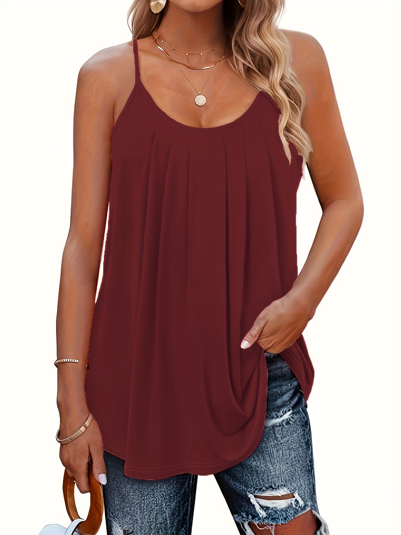Women's Casual Summer Pleated Round Neck Keyhole Loose Top