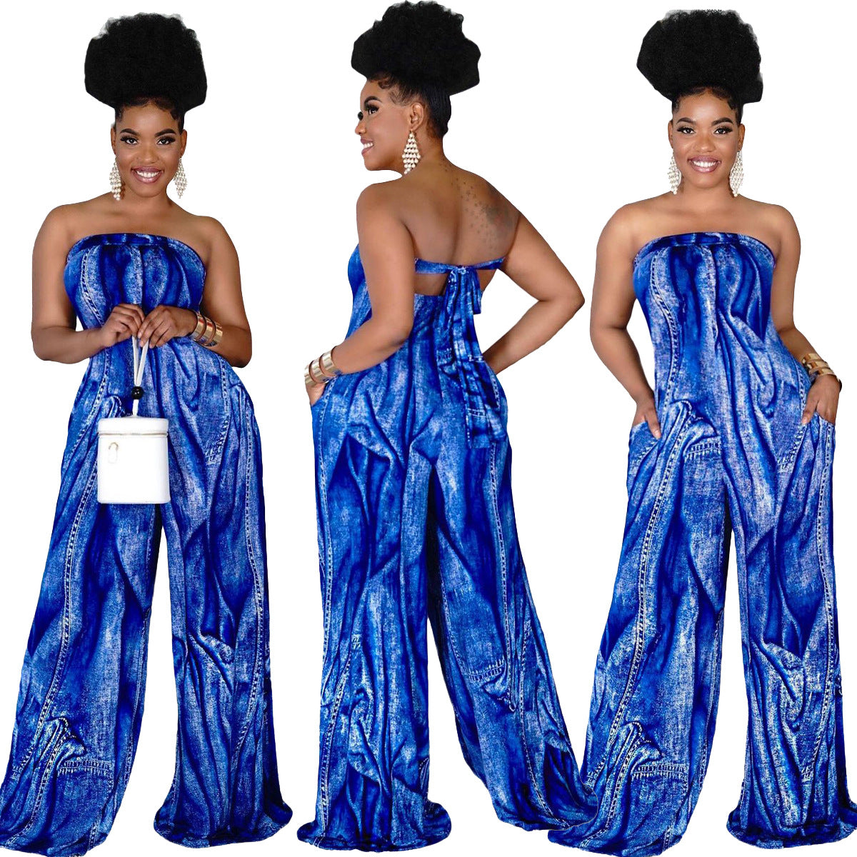 Damen Neckholder Jumpsuit mit Print, weiter Hose, Übergrößen