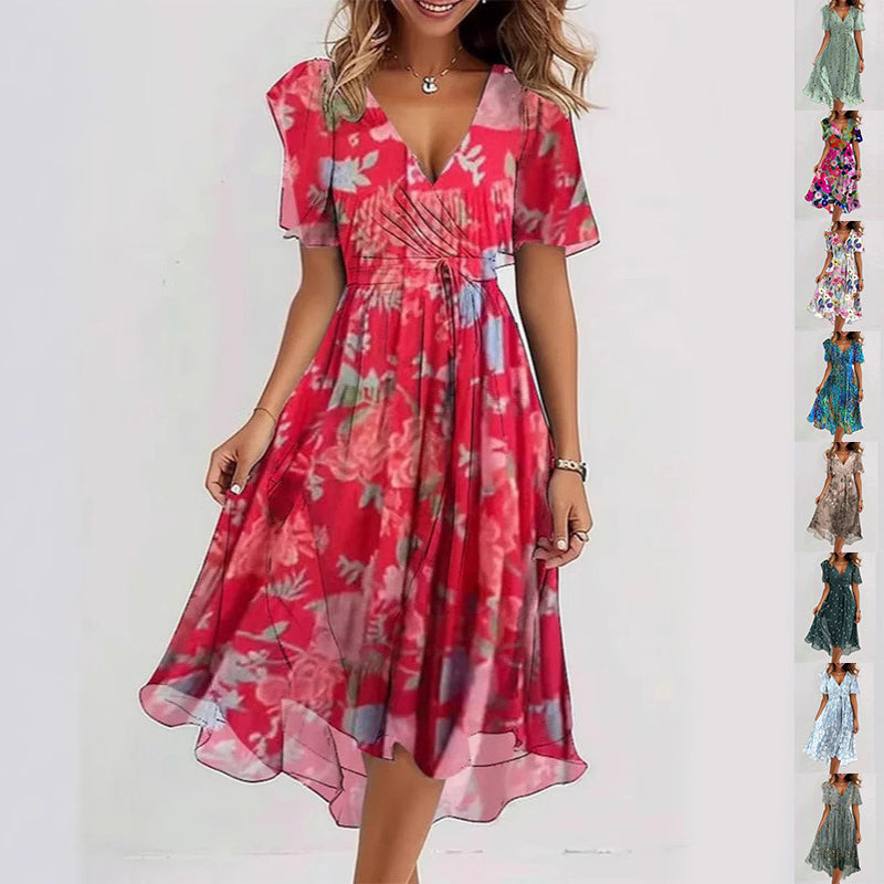 Robe d'été évasée à fleurs imprimées et col en V, à manches courtes pour femme